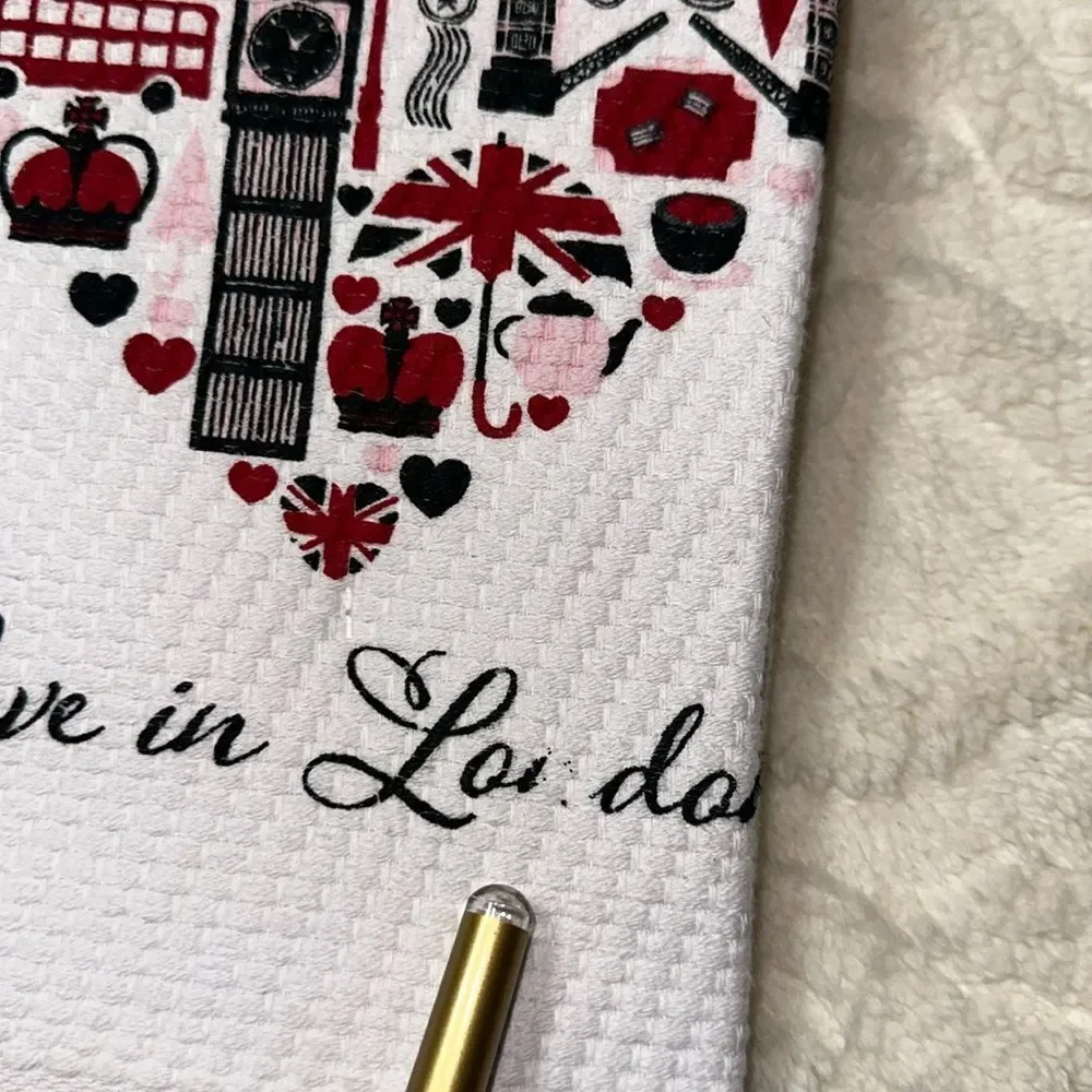 T & C Love in London White Red Pink Black Cotton Kitchen Towels set of 2